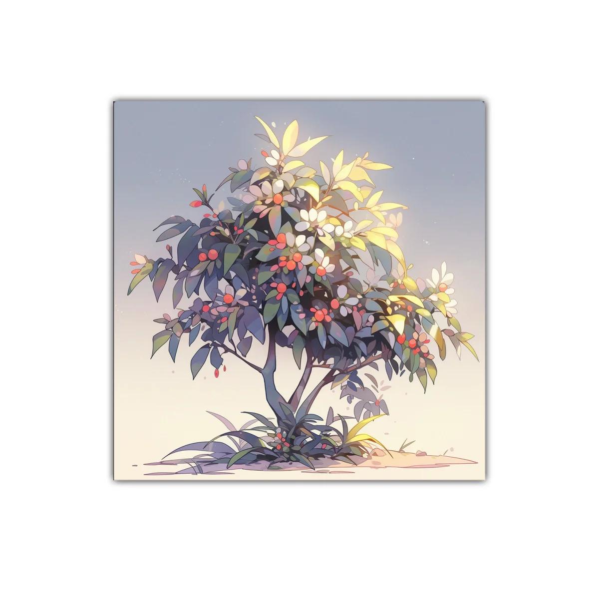 Cuadro decorativo con arbusto luminoso y frutos a color