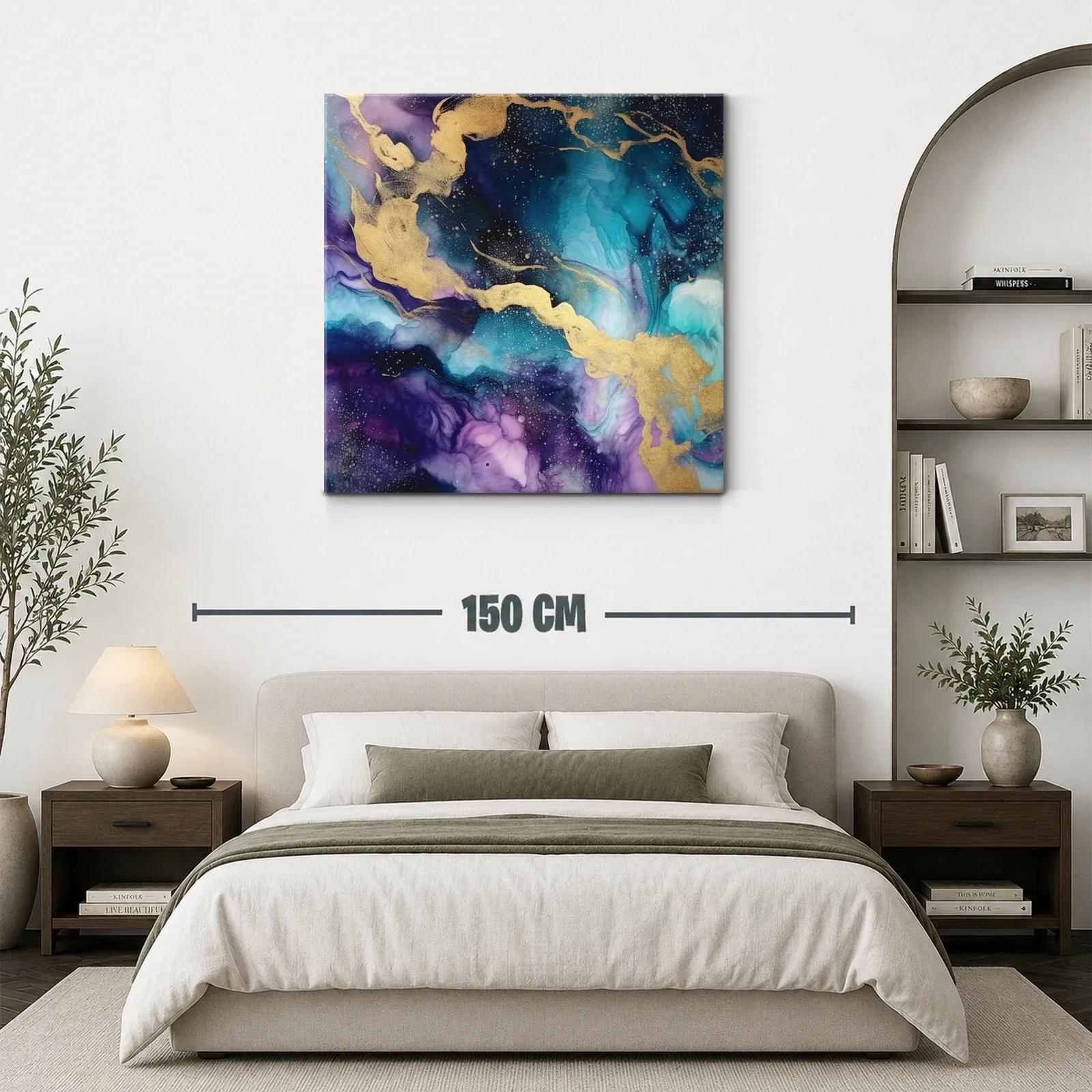 Cuadro abstracto con tonos azulados y dorados vibrantes — miniatura 3