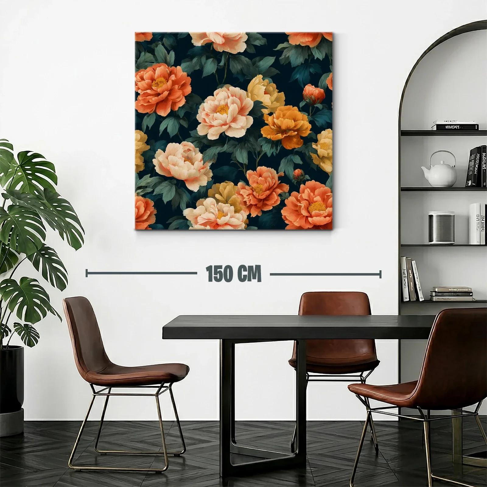 Cuadro floral con peonías en tonos cálidos y fondo oscuro — miniatura 2