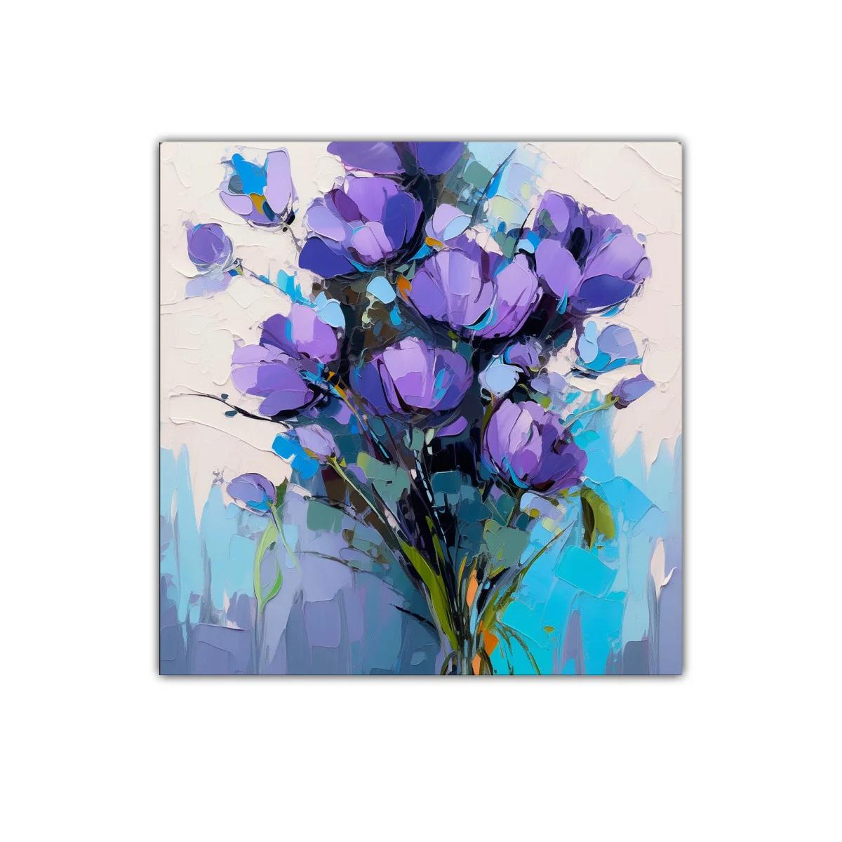 Ramo de flores violetas con fondo en tonos azules y blancos