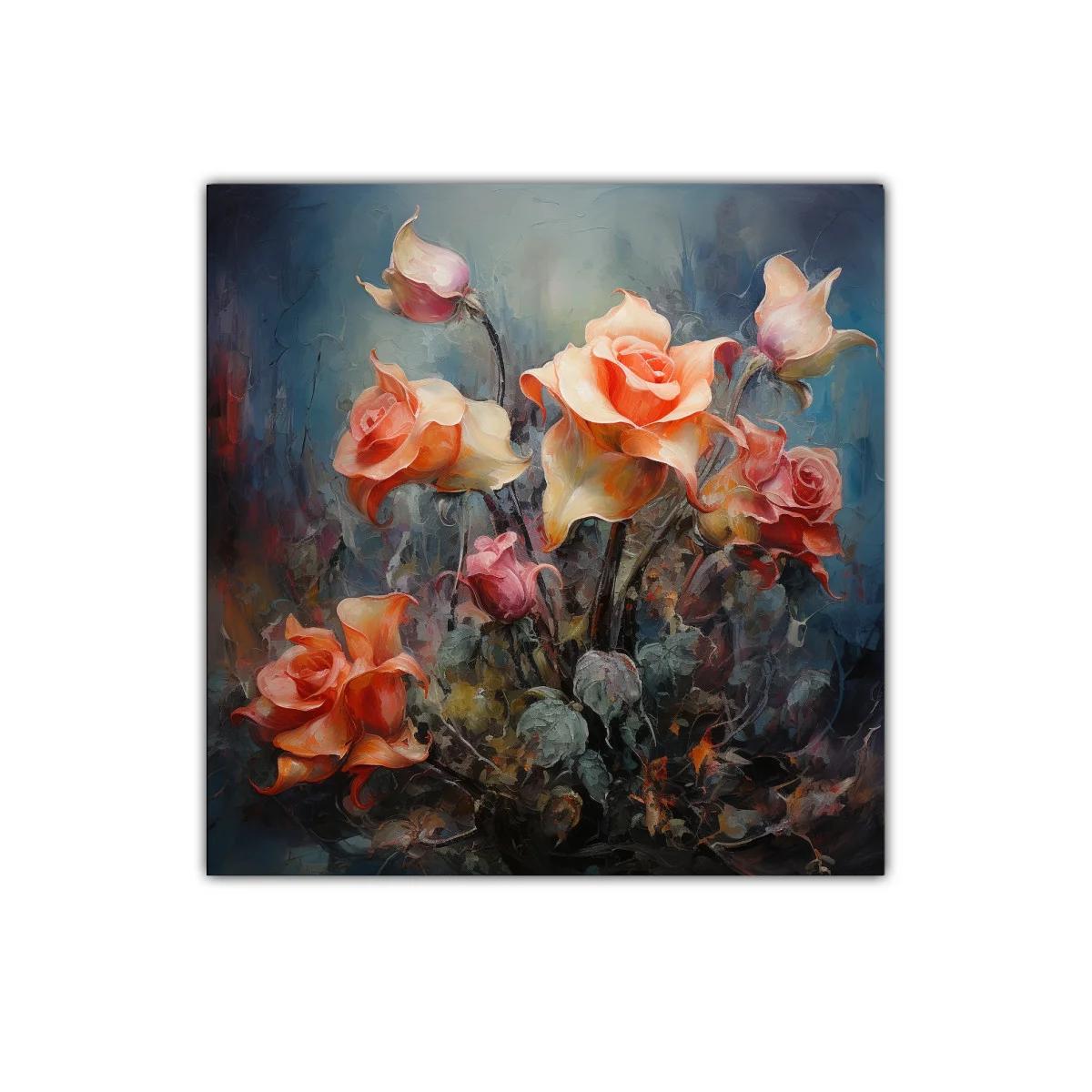Cuadro decorativo con flores en tonos cálidos y fondo oscuro