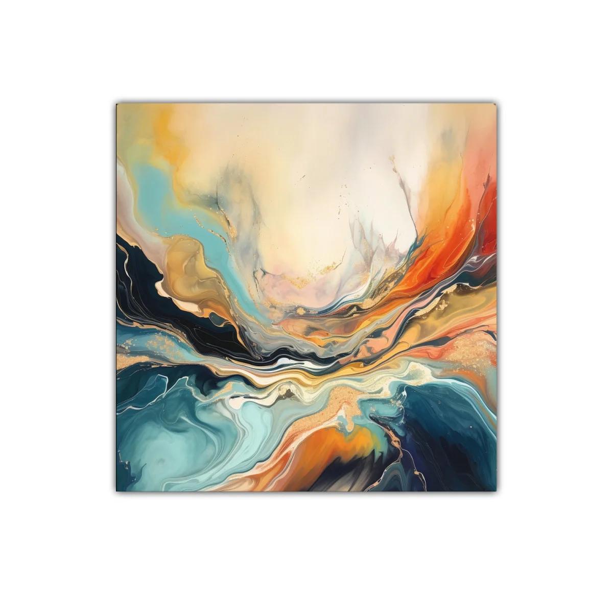 Cuadro abstracto en tonos cálidos y fríos con movimiento fluido