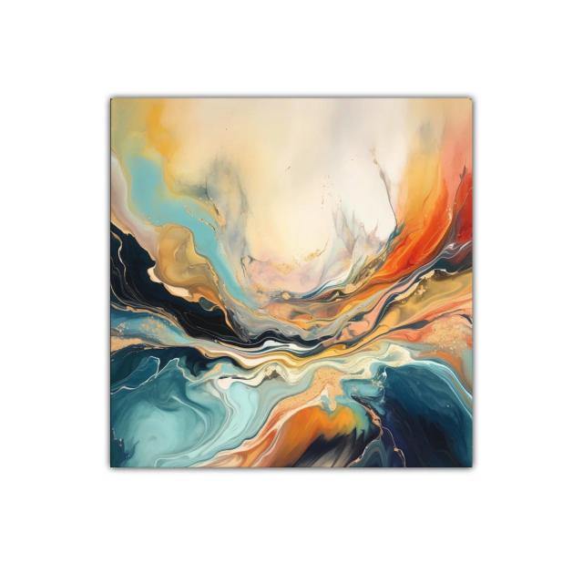 Cuadro abstracto en tonos cálidos y fríos con movimiento fluido