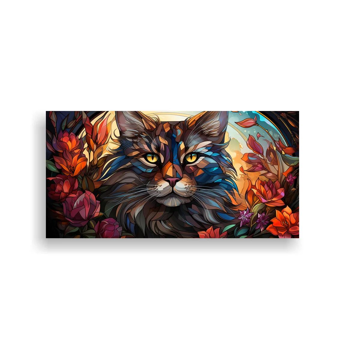 Cuadro gato de pelo largo rodeado de flores y follaje