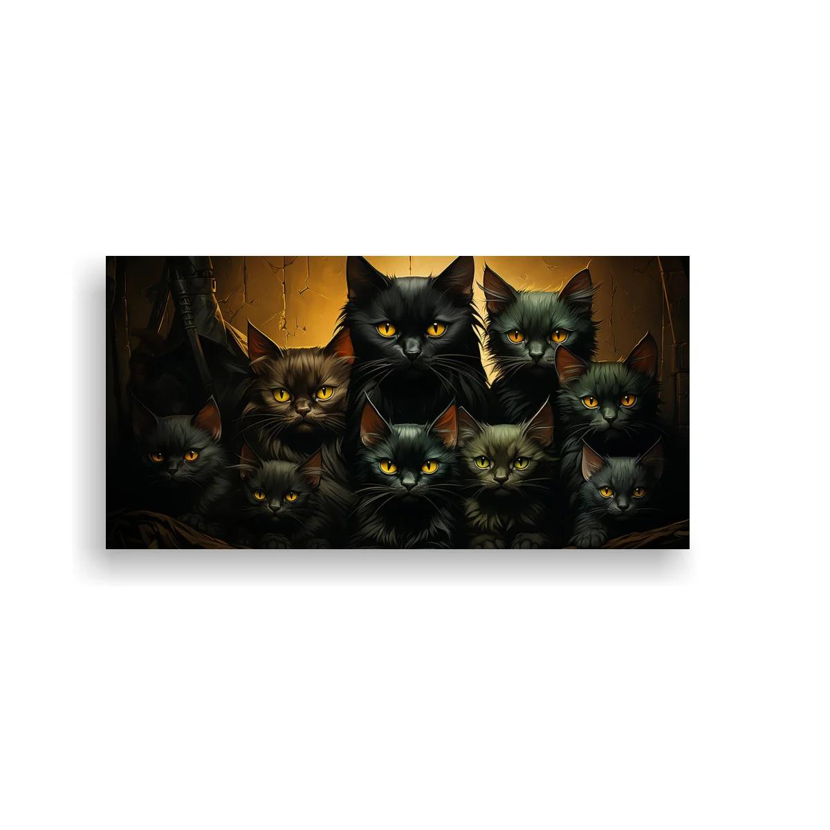 Cuadro grupo de gatos negros con luz cálida posterior