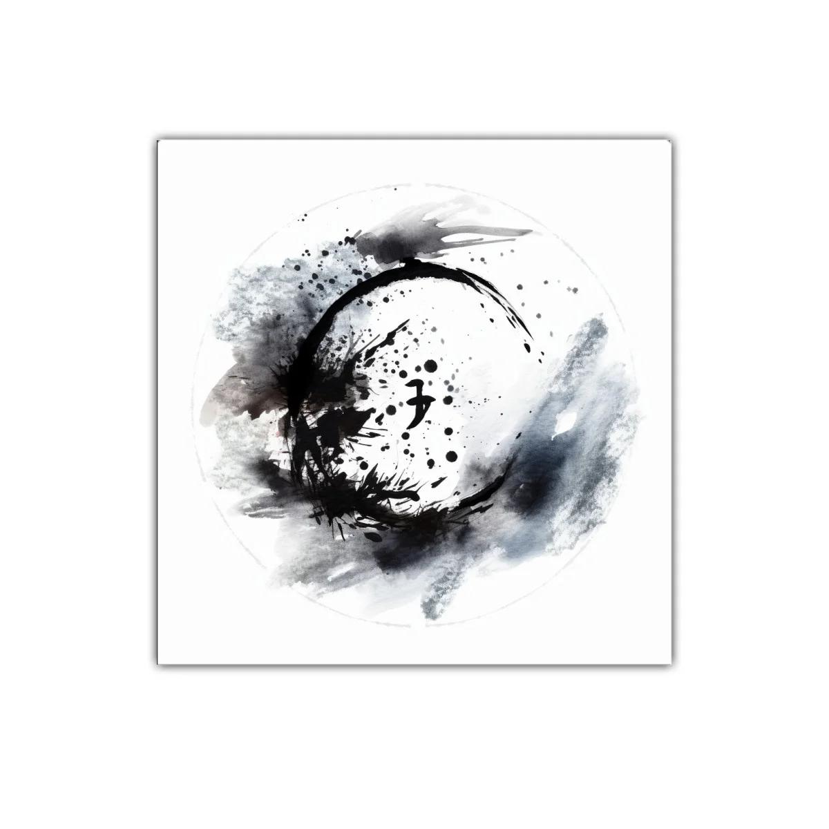 Cuadro abstracto en negro y gris con formas circulares
