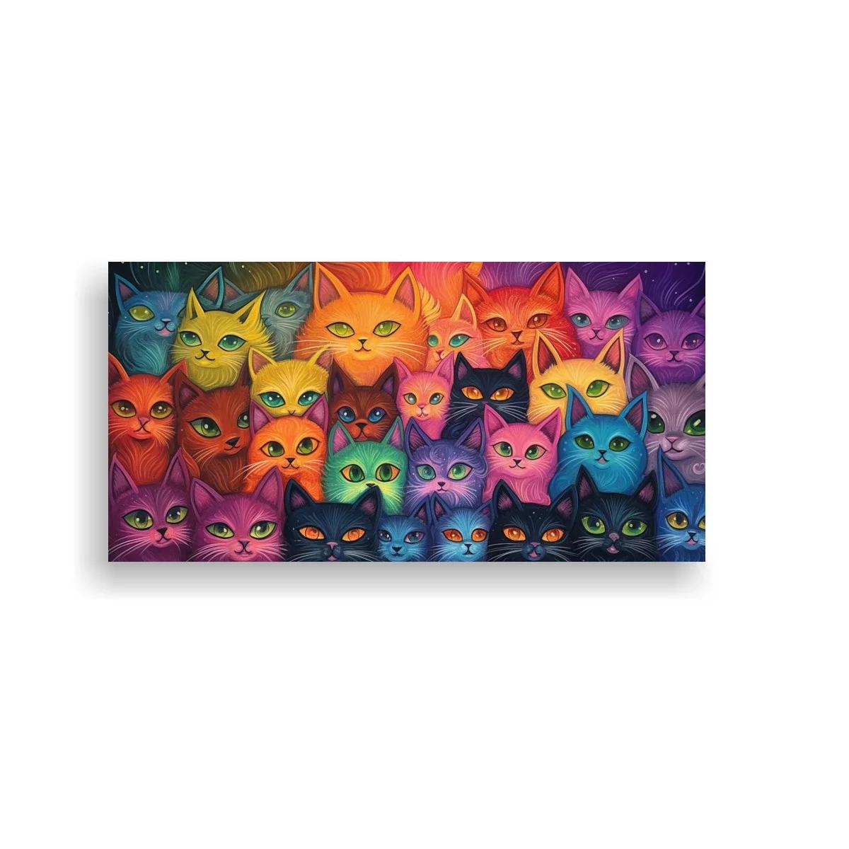 Cuadro grupo de gatos de colores sobre fondo nocturno