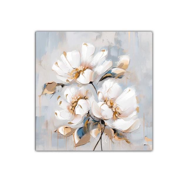 Cuadro decorativo con flores blancas y tonos dorados suaves