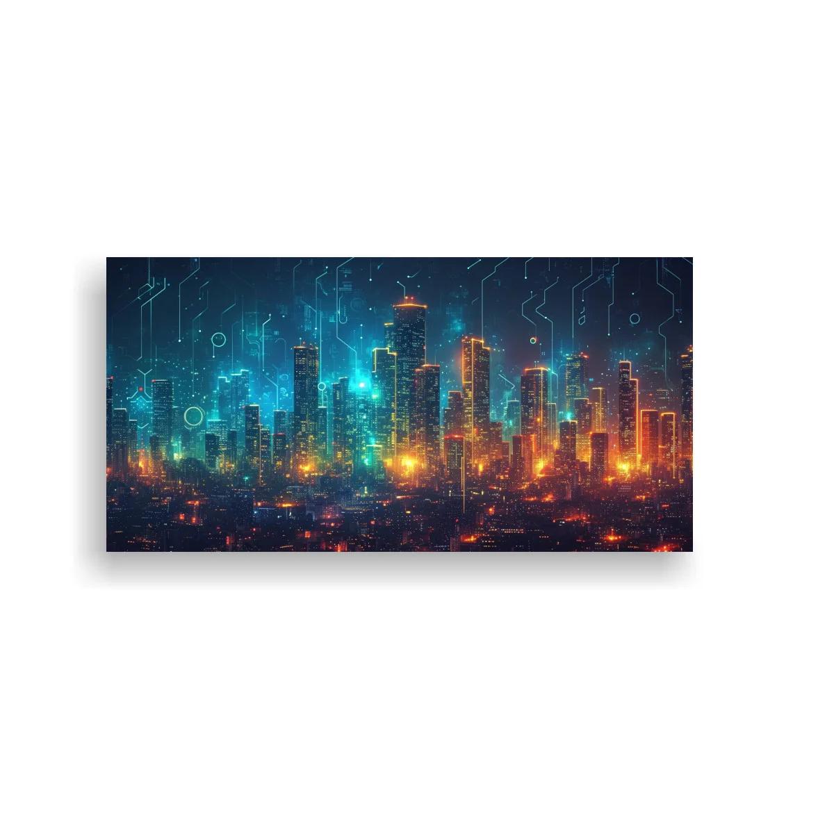 Cuadro skyline futurista de ciudad con trazos de circuitos