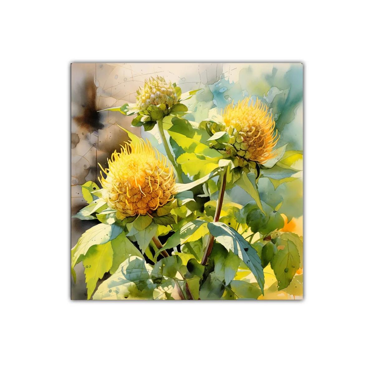 Cuadro floral vibrante con tonos amarillos y verdes naturales