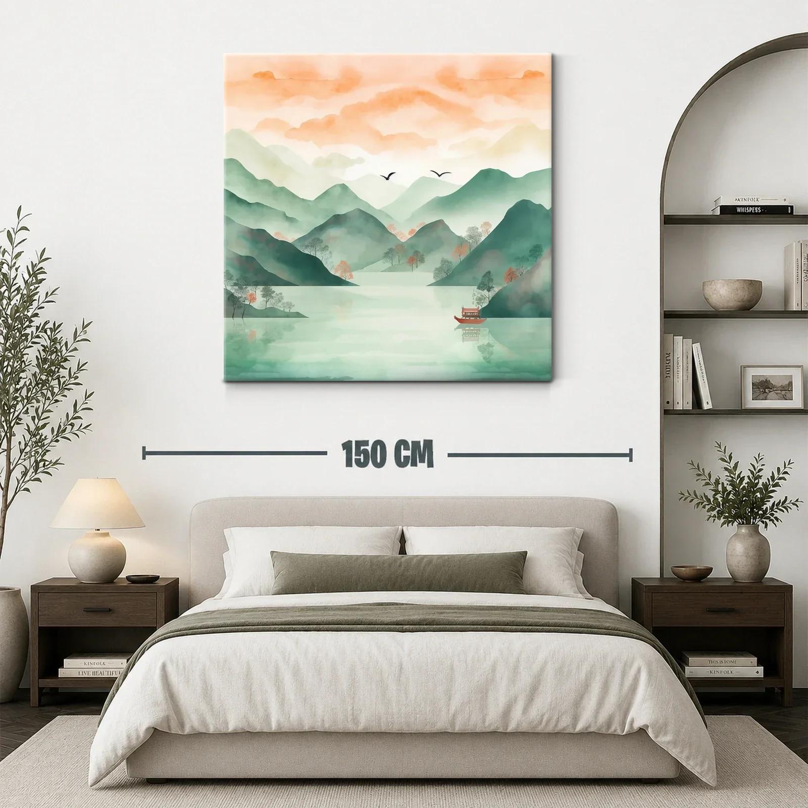 Serena escena de montañas y lago con tonos pastel cálidos — miniatura 3