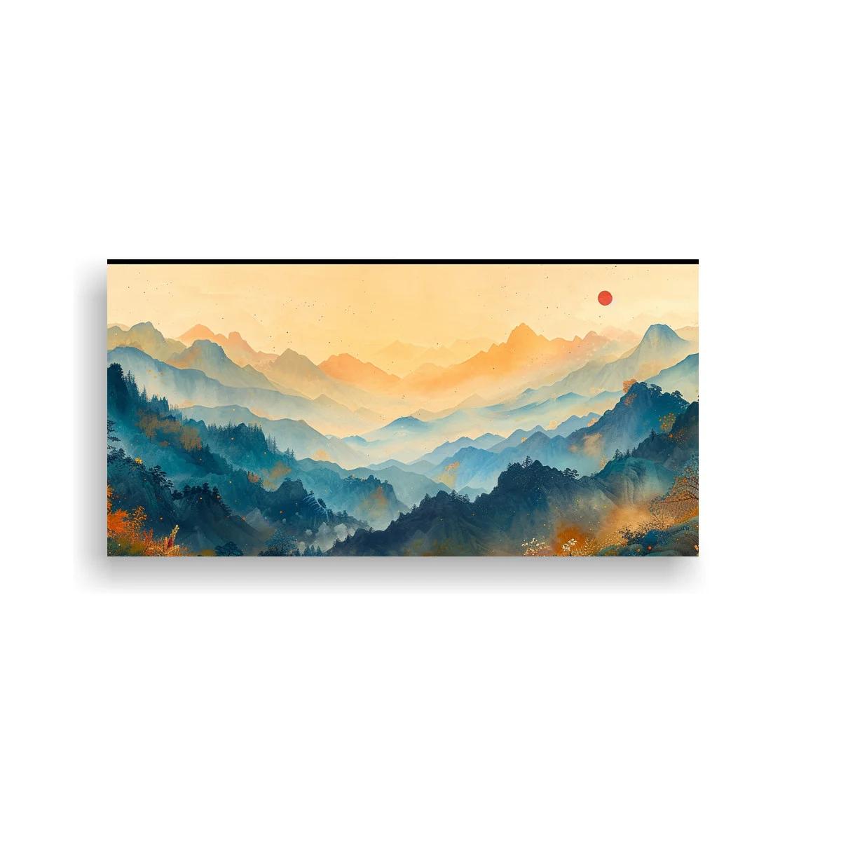 Cuadro cordillera de montañas con sol anaranjado