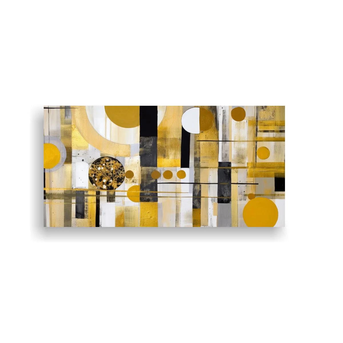 Cuadro de círculos mostaza con franjas y bloques rectangulares