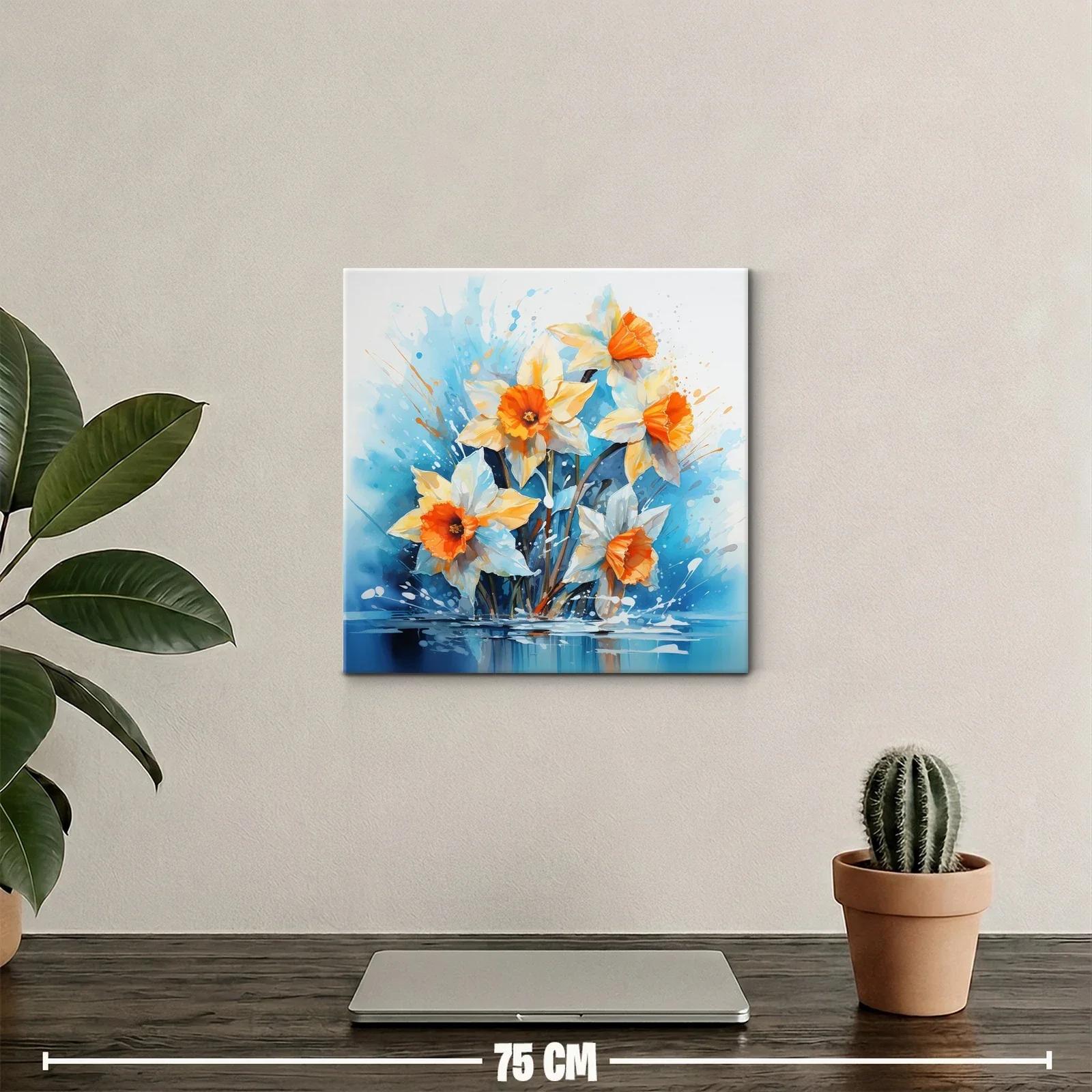 Cuadro floral vibrante con narcisos anaranjados y fondo azul — miniatura 2