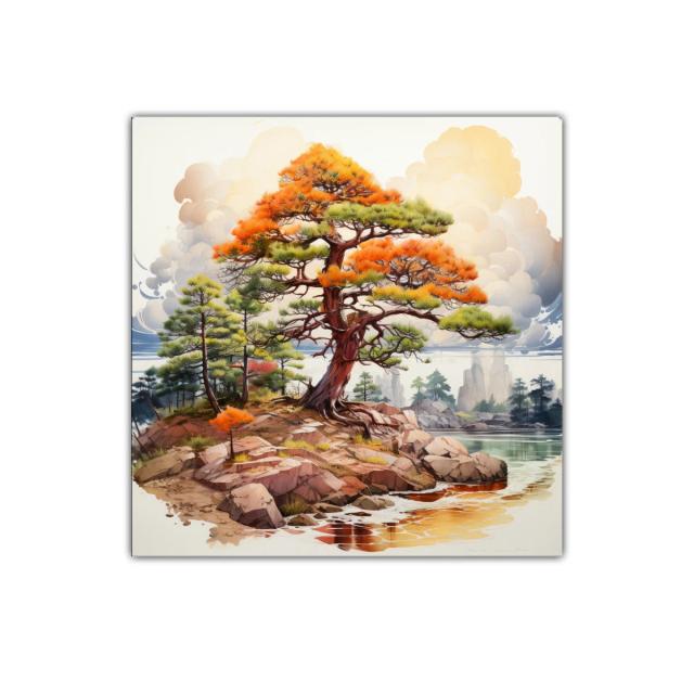 Paisaje con árbol en tonos cálidos junto al agua y rocas