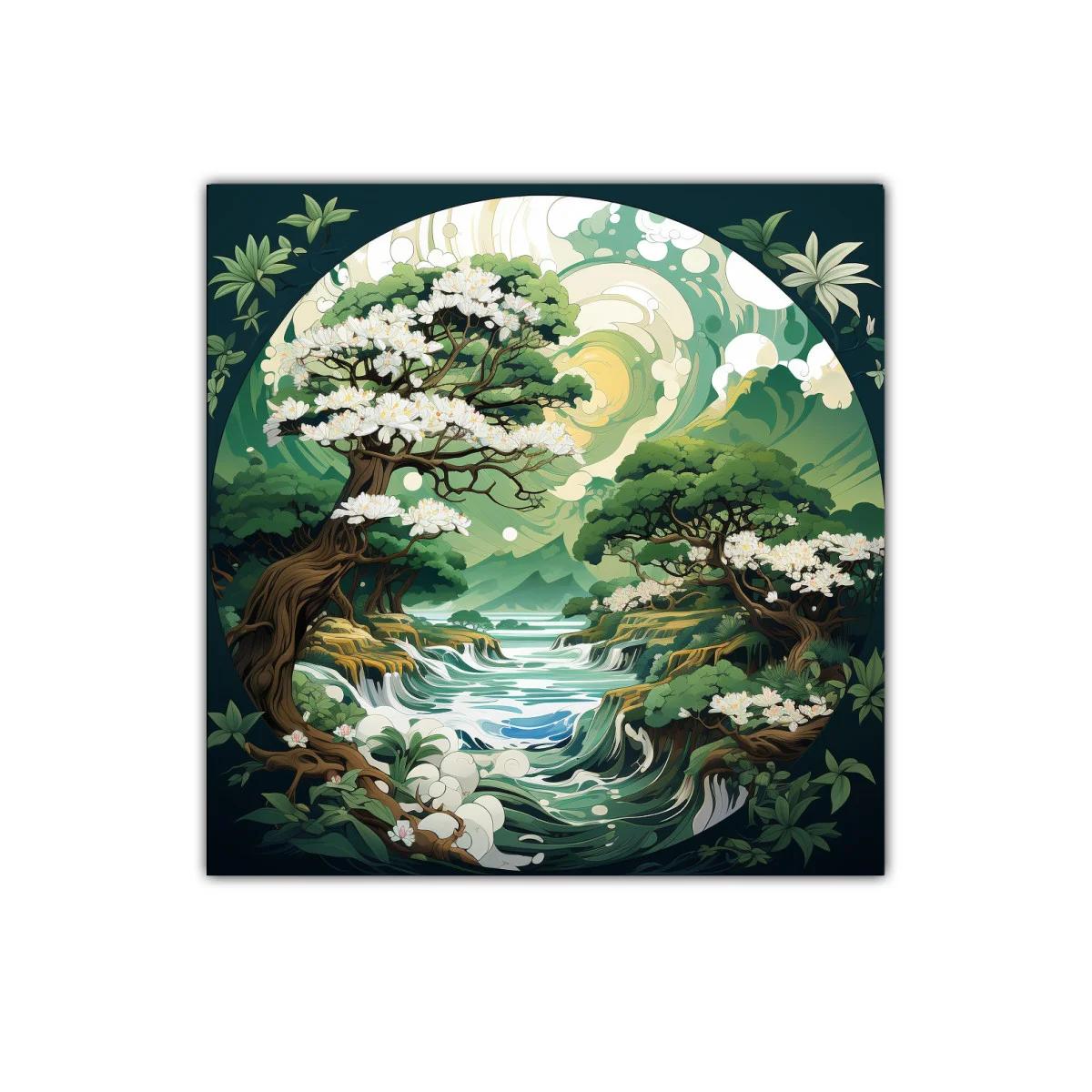 Paisaje onírico con árboles floridos y río serpenteante — imagen principal