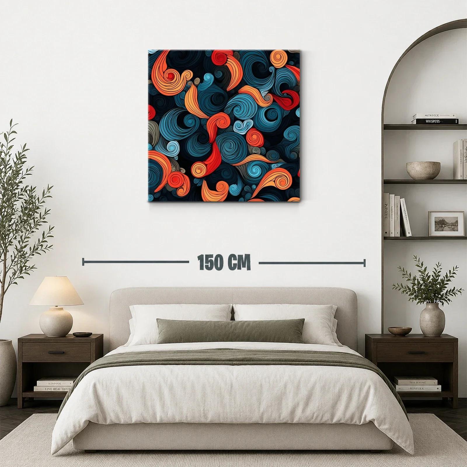 Cuadro abstracto con remolinos en tonos cálidos y fríos — miniatura 3