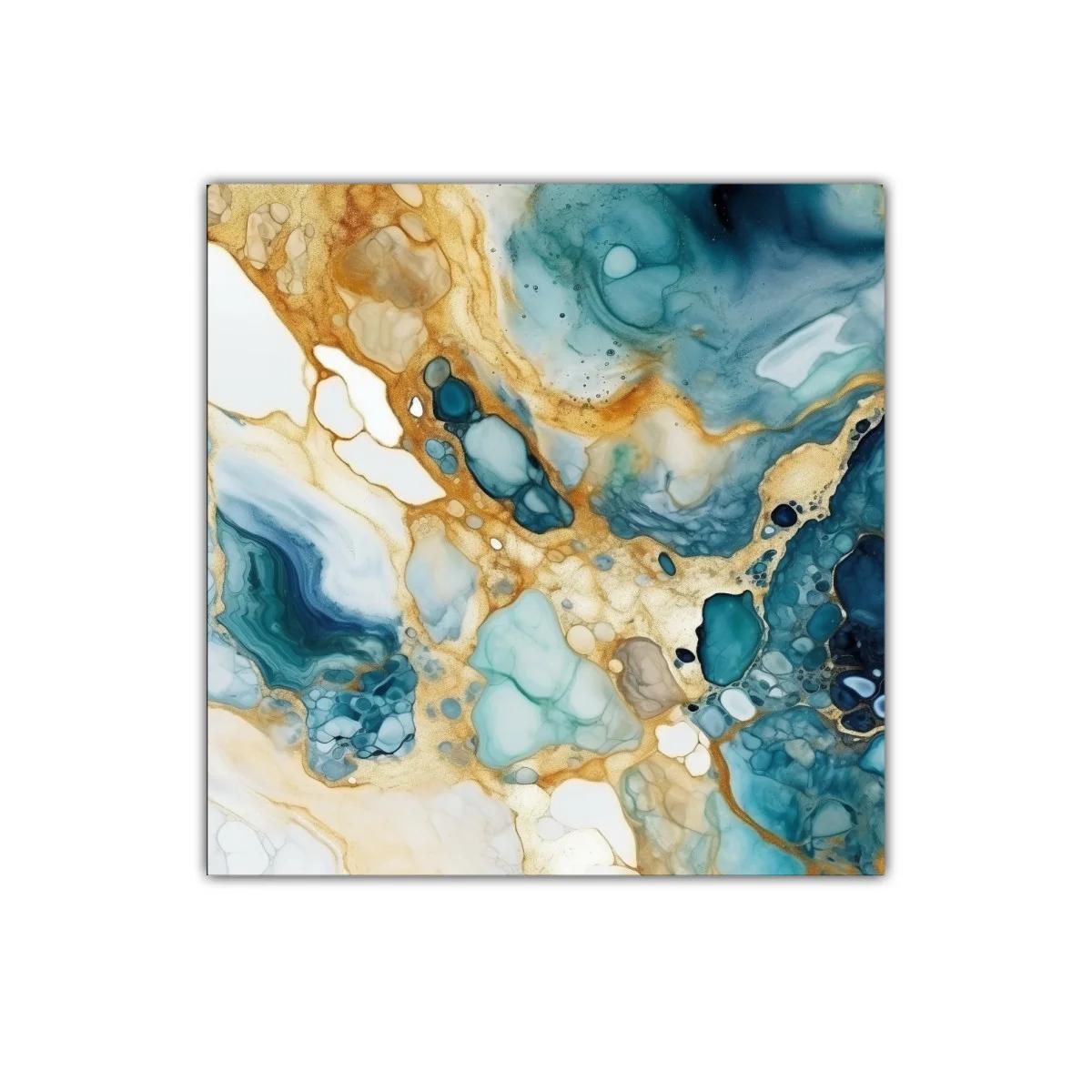 Cuadro decorativo abstracto con tonos azul y dorado armoniosos