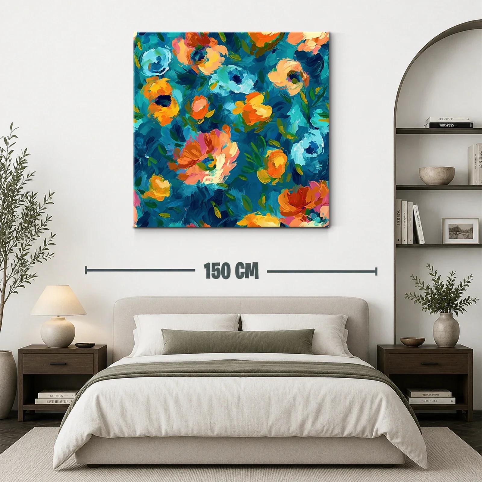 Cuadro floral vibrante con tonos azules y naranjas — miniatura 3
