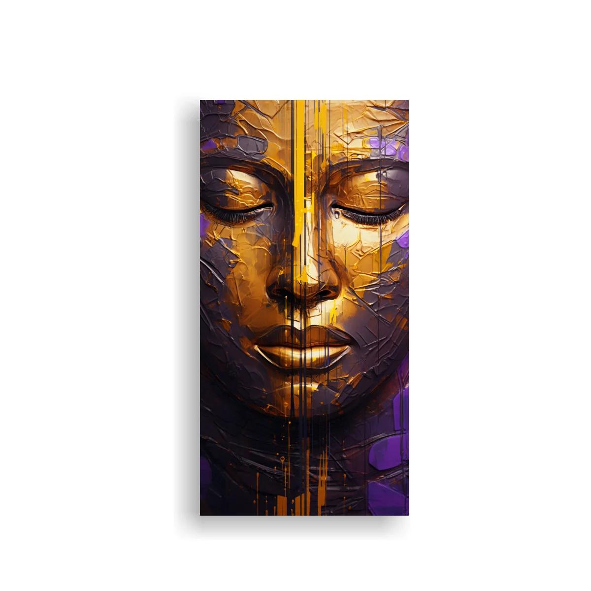 Cuadro rostro de Buda con líneas doradas verticales — imagen principal