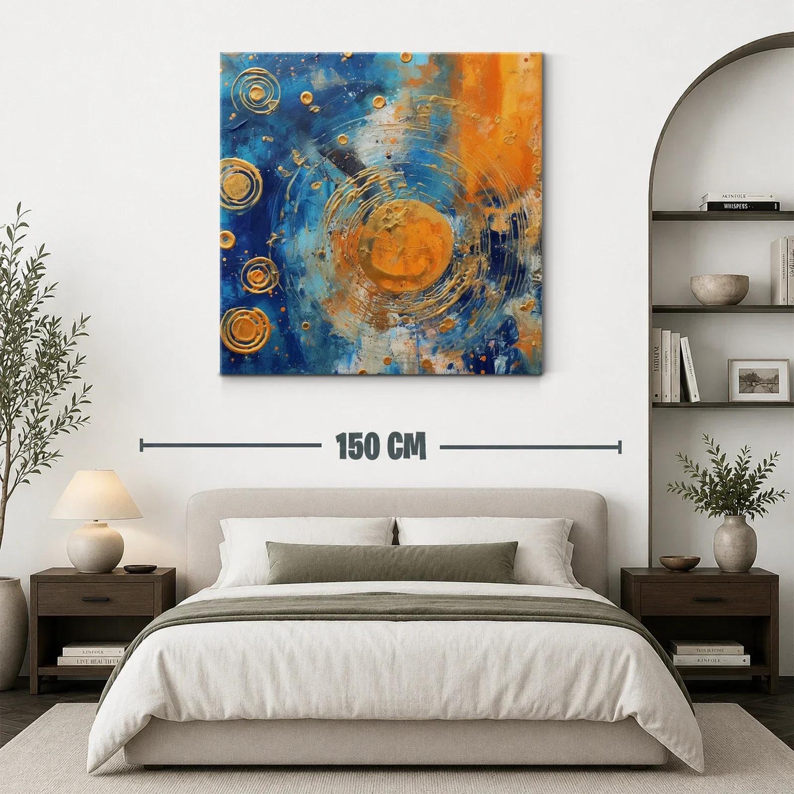 Cuadro abstracto con círculos dorados y contraste azul naranja — miniatura 3