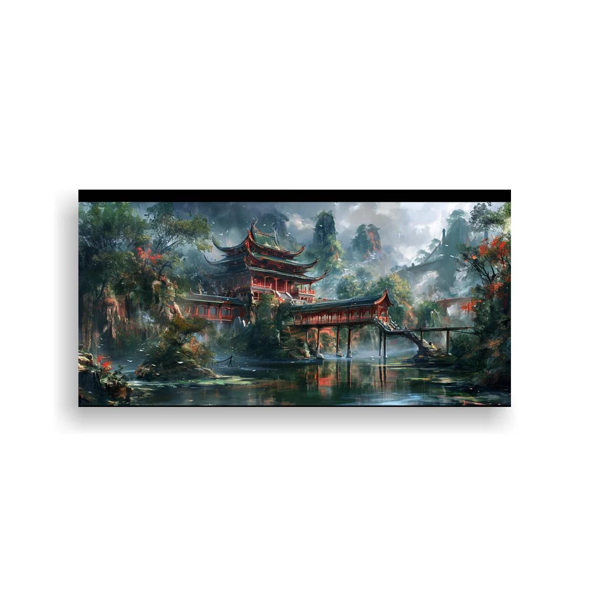 Cuadro templo oriental junto al agua con montañas brumosas