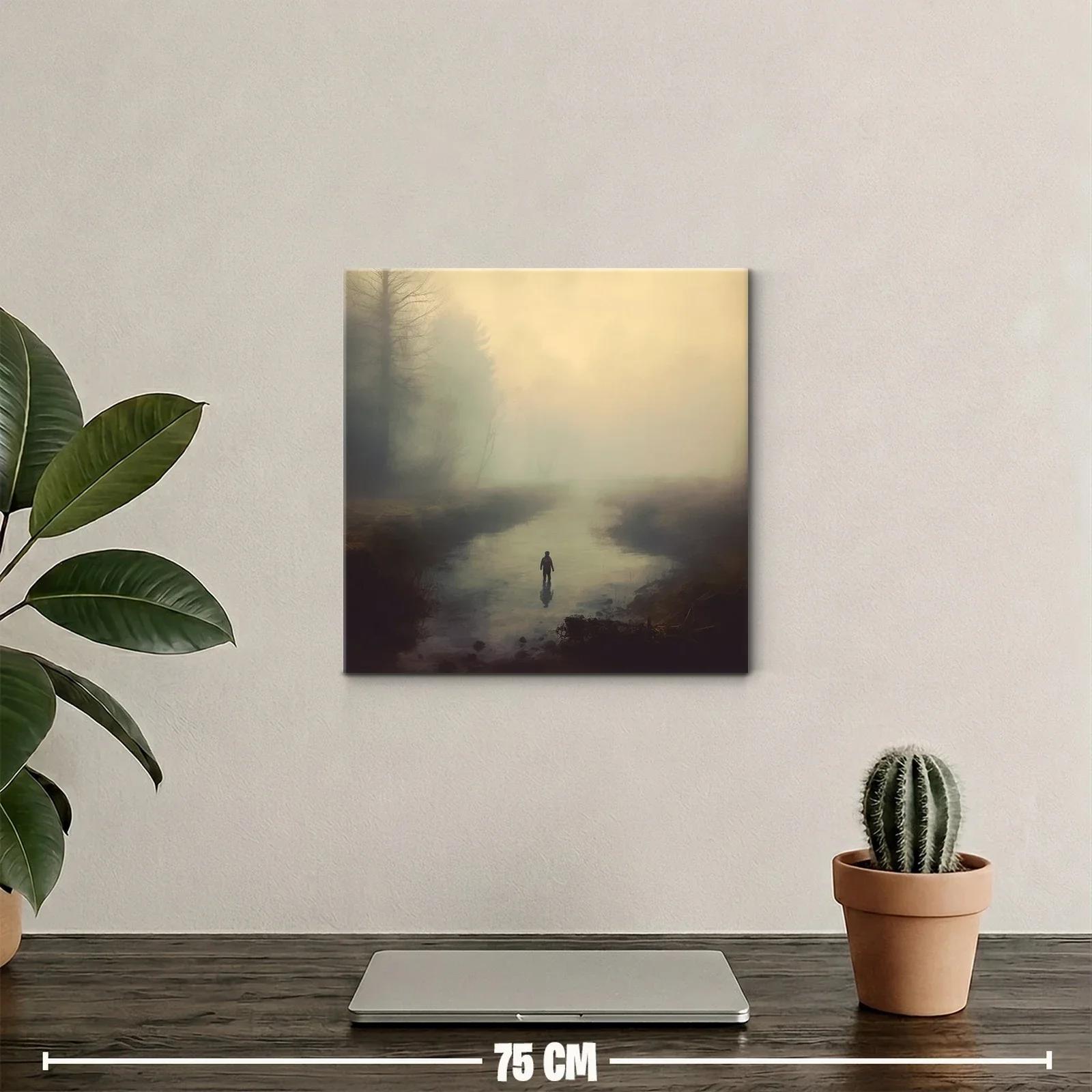 Paisaje nebuloso con figura solitaria en río tranquilo — miniatura 2