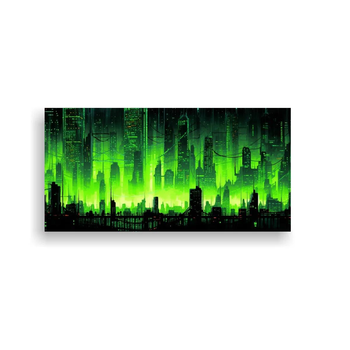 Cuadro skyline futurista verde con líneas verticales luminosas — imagen principal