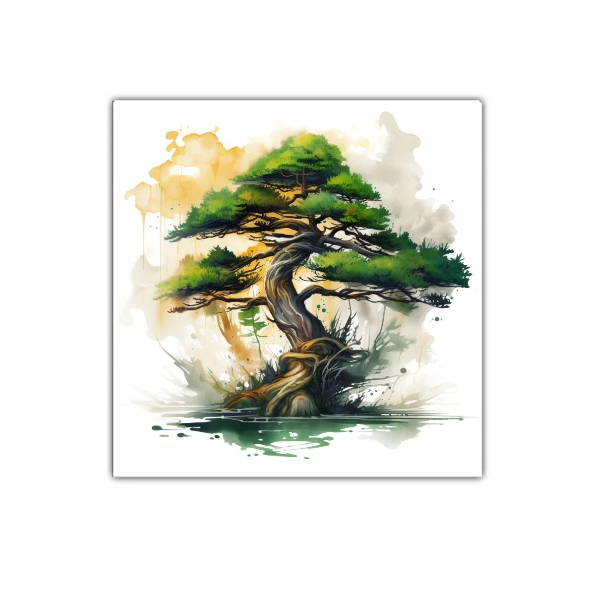 Árbol bonsái con tonos verdes y dorados en acuarela moderna — miniatura 1