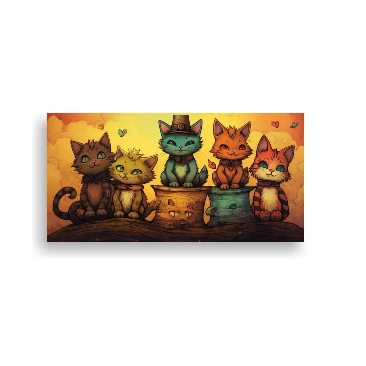 Cuadro cinco gatos con sombrero y moños