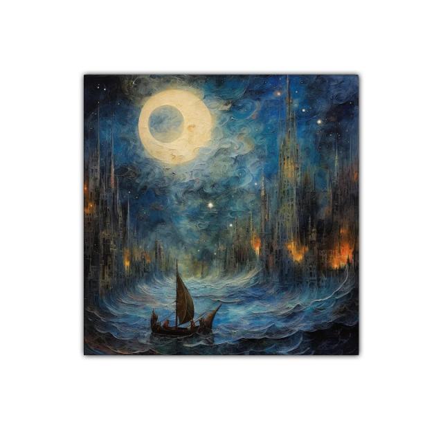 Navegando bajo la luna en ciudad de fantasía nocturna
