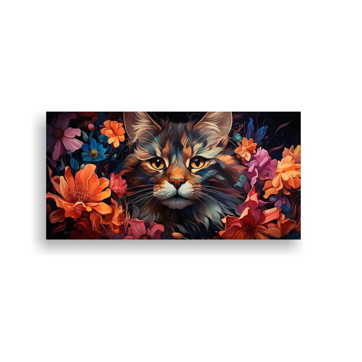 Cuadro gato de pelo largo con flores y fondo oscuro — imagen principal