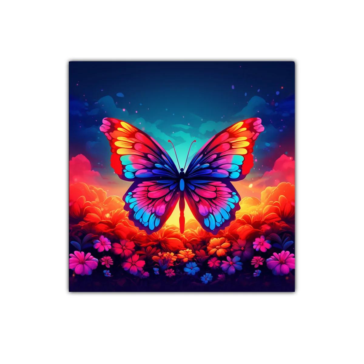 Mariposa vibrante sobre fondo floral al atardecer