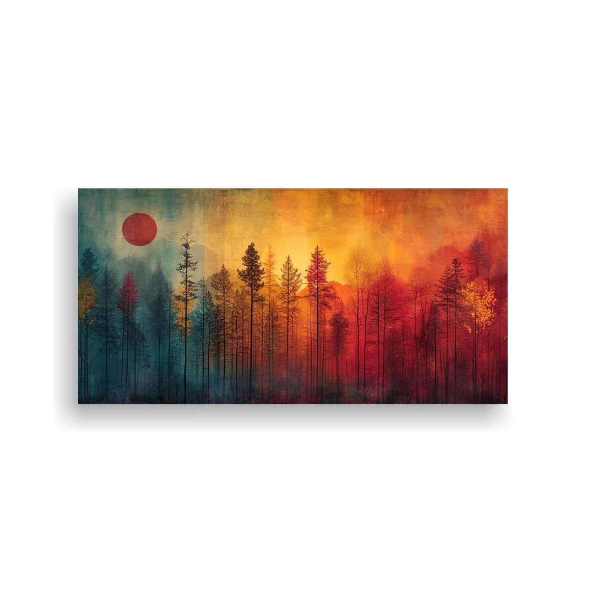Cuadro bosque de pinos con disco rojo y niebla