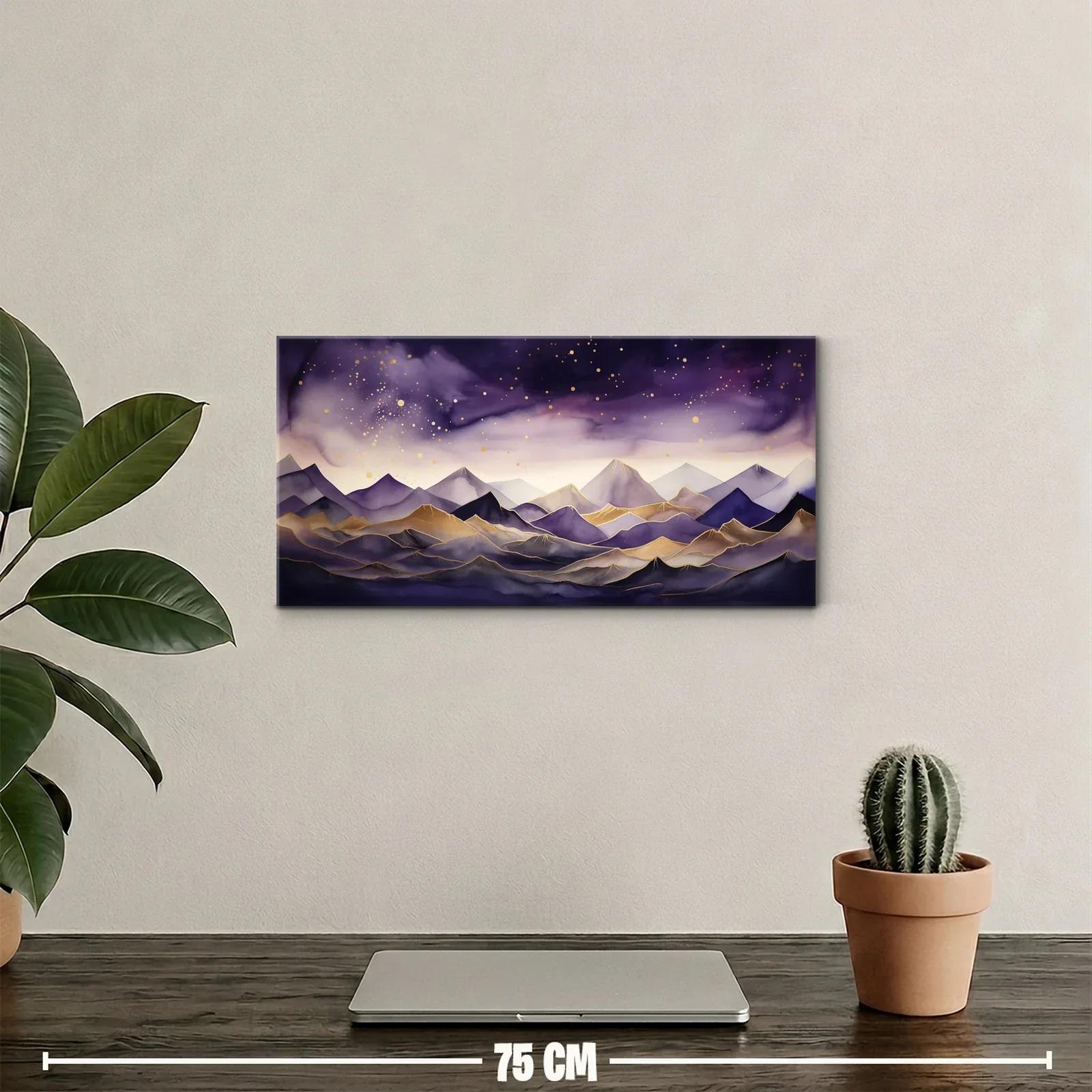 Cuadro paisaje de montañas en tonos violeta y dorado — miniatura 2