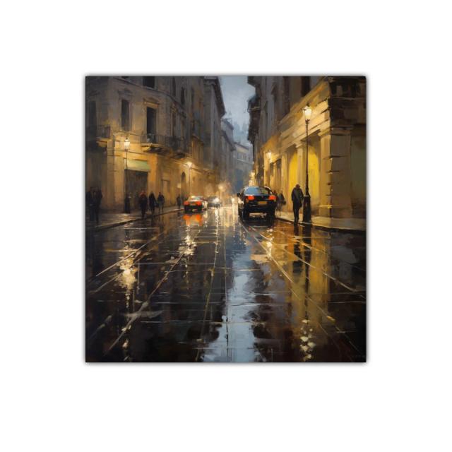Calle urbana iluminada con reflejos en pavimento mojado