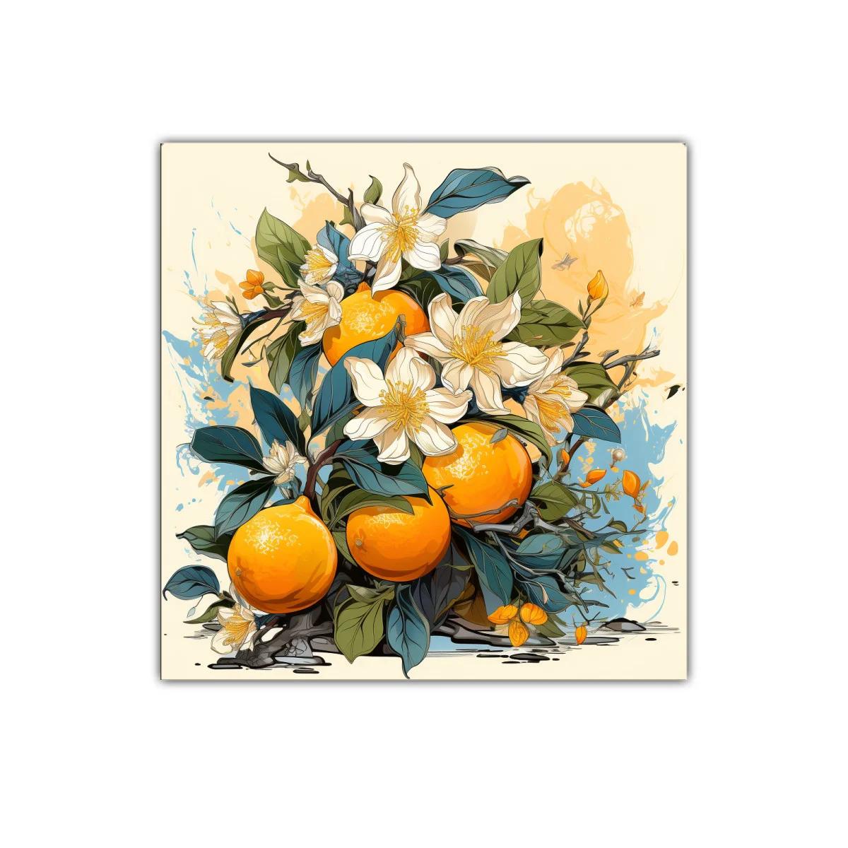 Cuadro con Naranjas y Flores en Tonos Cálidos y Naturales