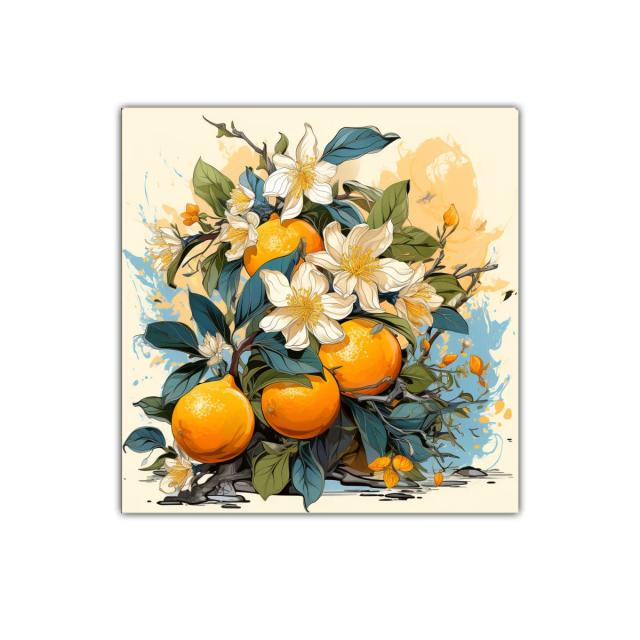 Cuadro con Naranjas y Flores en Tonos Cálidos y Naturales