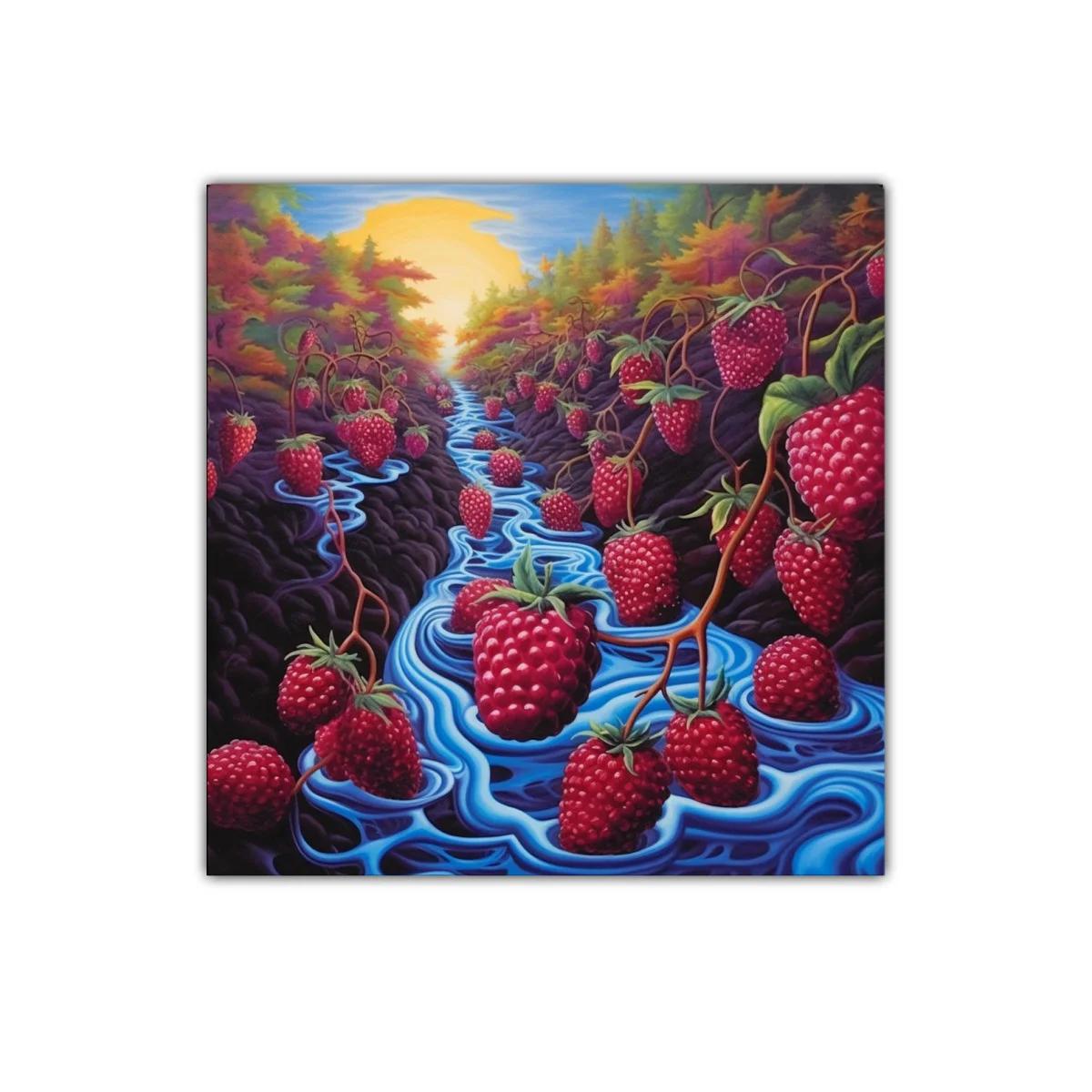 Paisaje surrealista con frambuesas gigantes al amanecer
