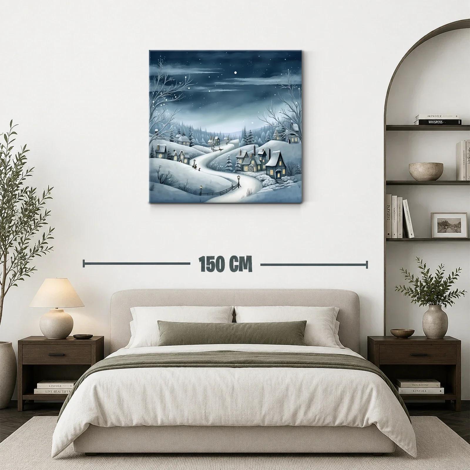 Paisaje invernal con casas y cielo estrellado nocturno — miniatura 3