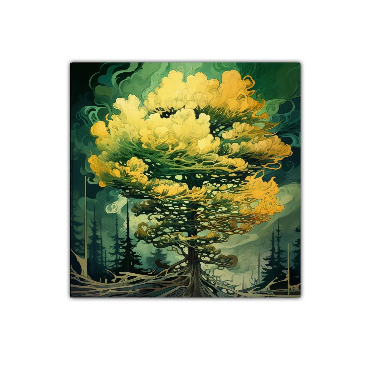 Árbol fantástico con tonos verdes y amarillos vibrantes