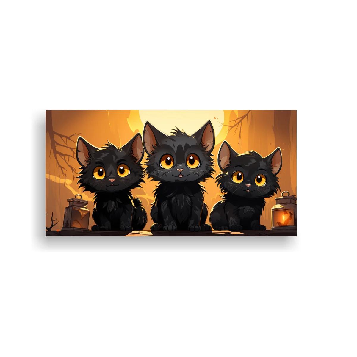 Cuadro tres gatitos negros con faroles