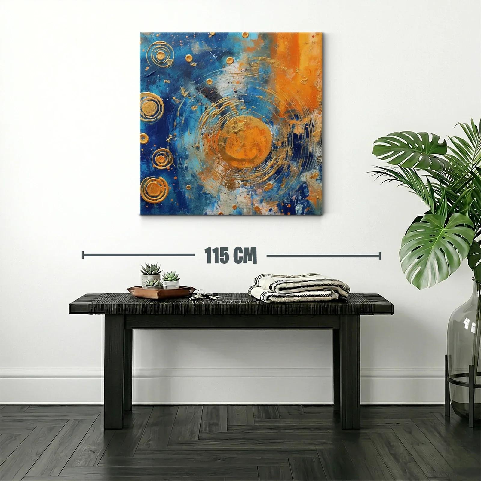 Cuadro abstracto con círculos dorados y contraste azul naranja — miniatura 2