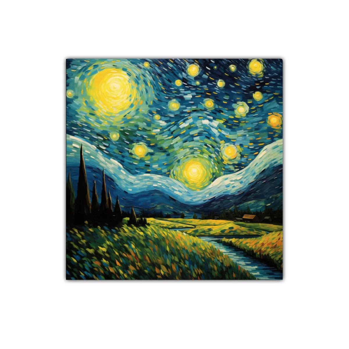Paisaje nocturno vibrante con cielo estrellado y campo iluminado