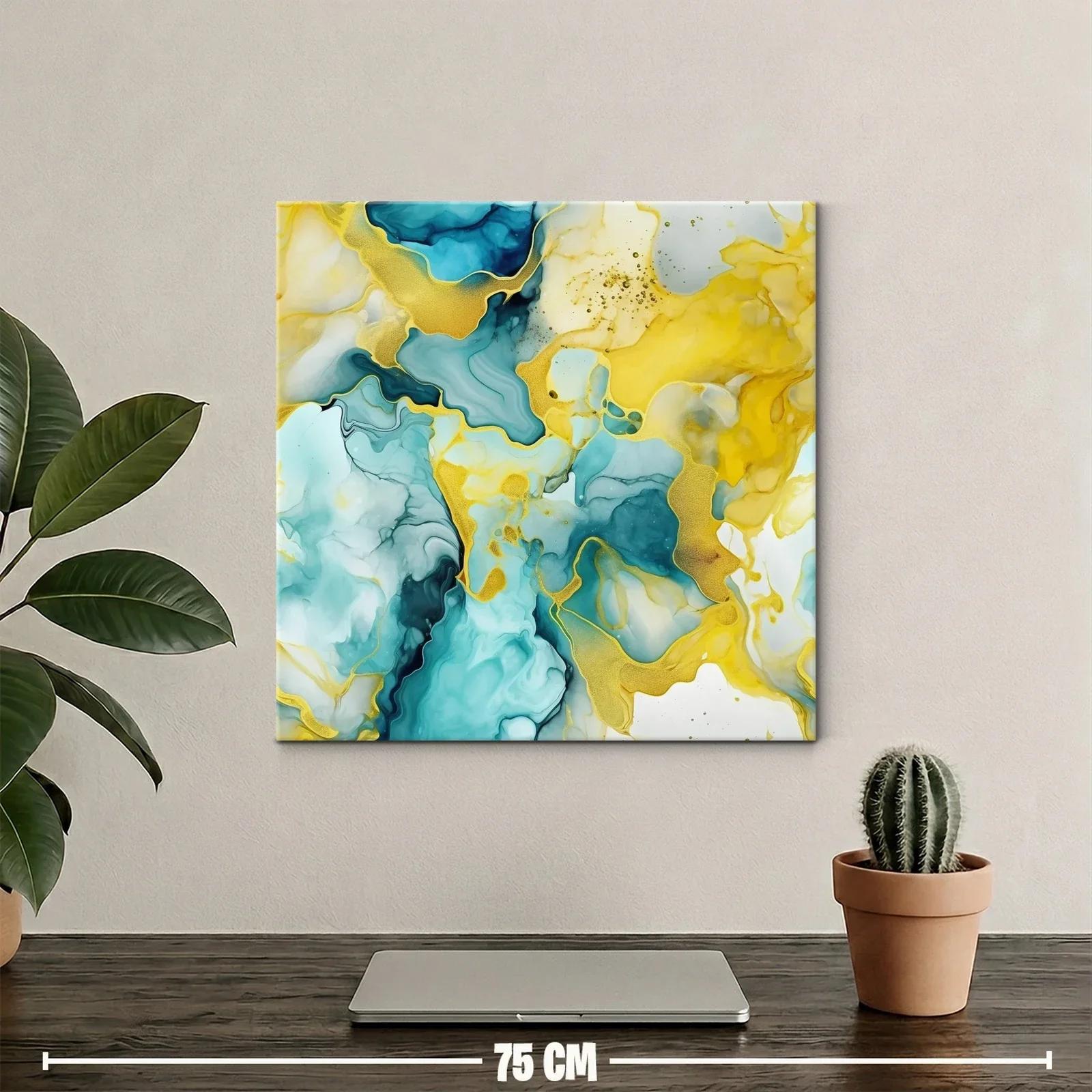 Cuadro abstracto con tonos turquesa y dorados vibrantes — miniatura 2