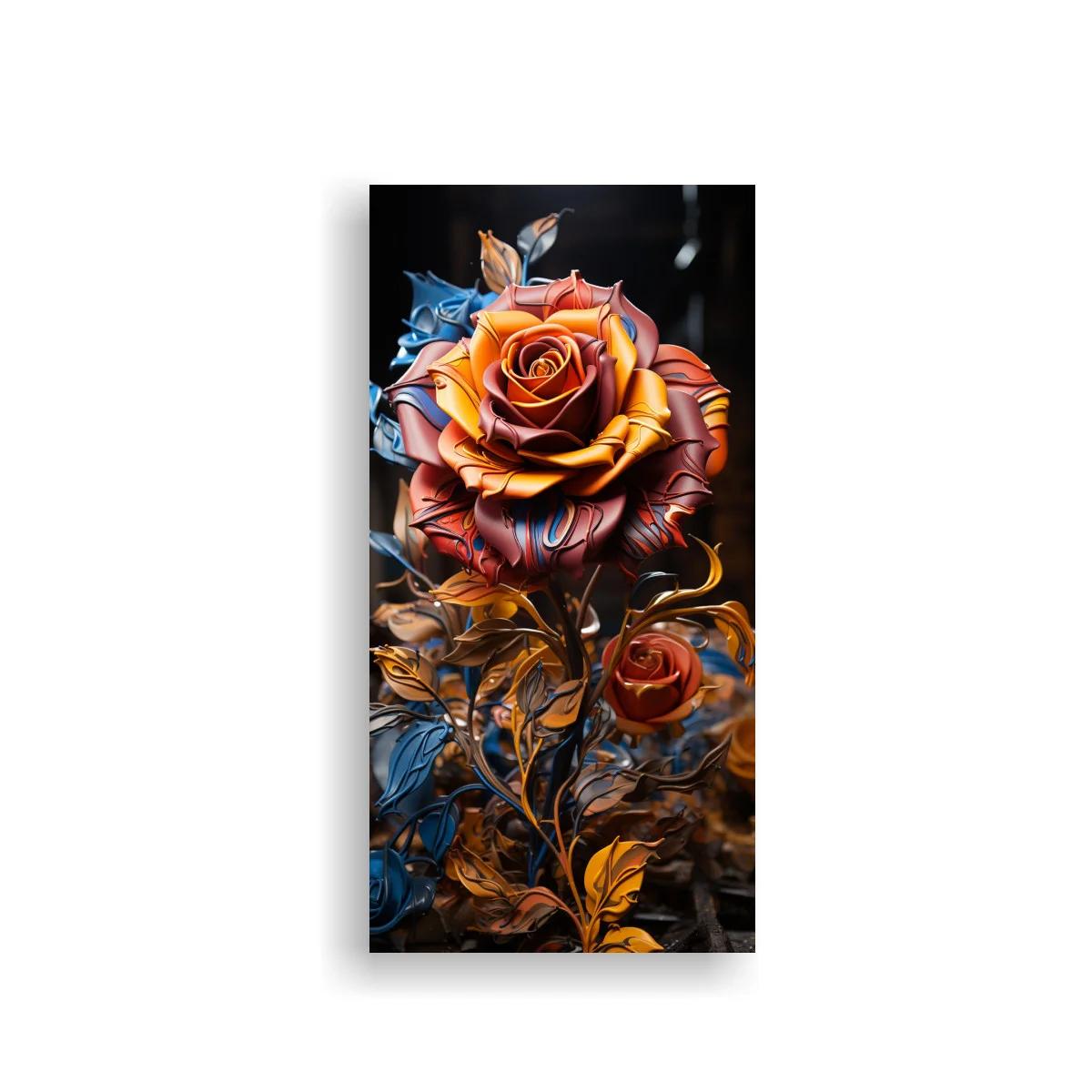 Cuadro rosa anaranjada con capullo y hojas azules