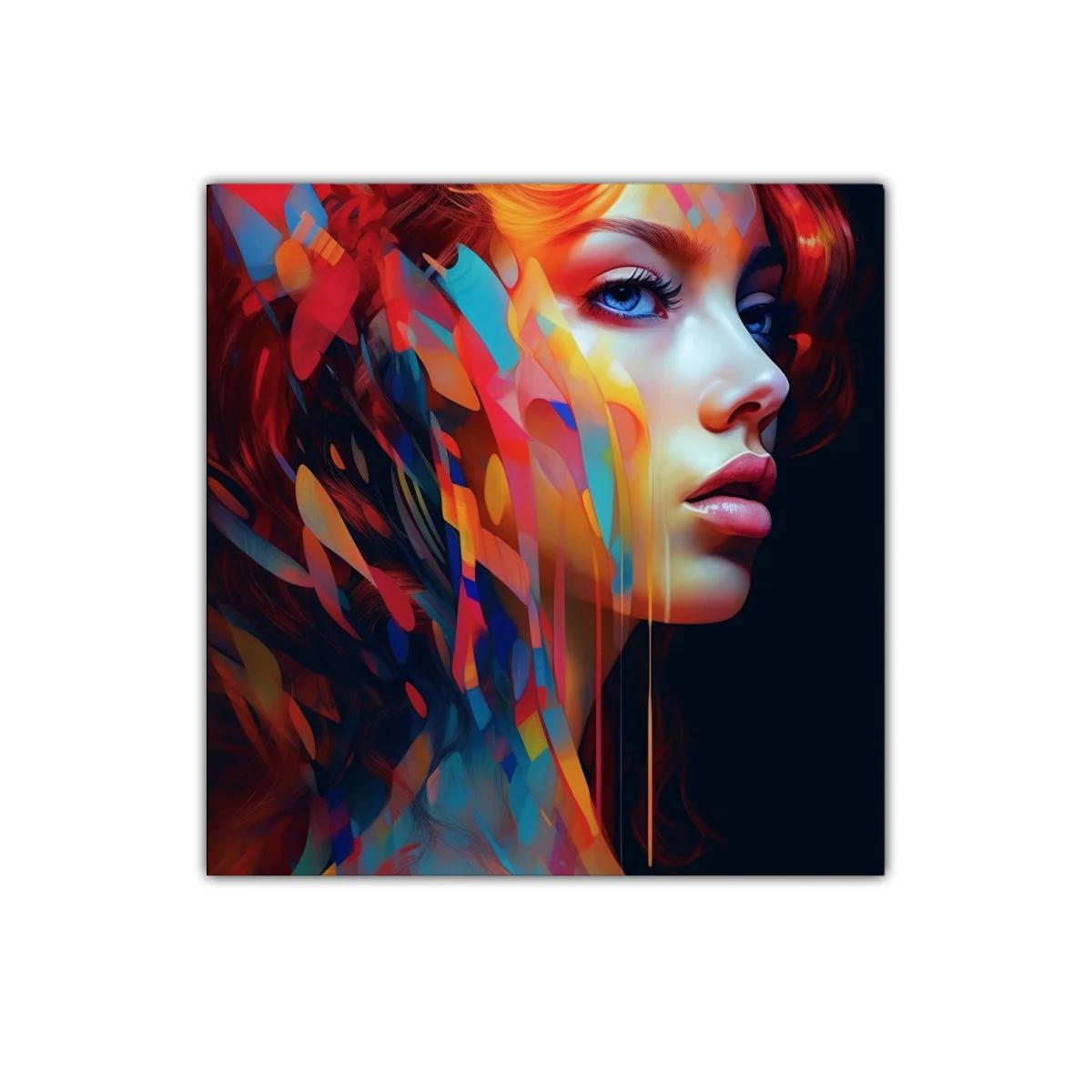 Retrato femenino vibrante con colores intensos y abstractos