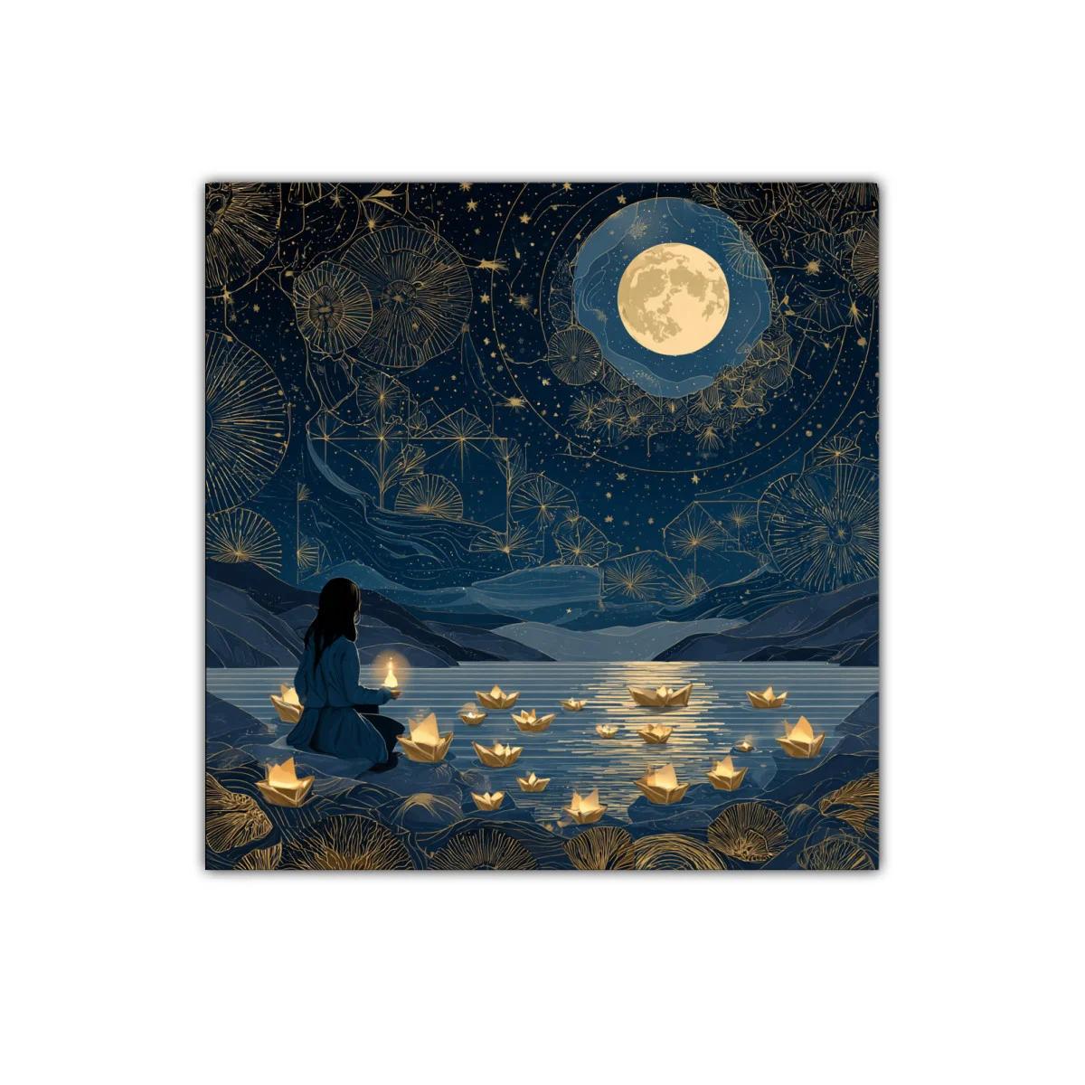 Serenidad Nocturna con Barcos de Luz en Lago Estrellado — imagen principal