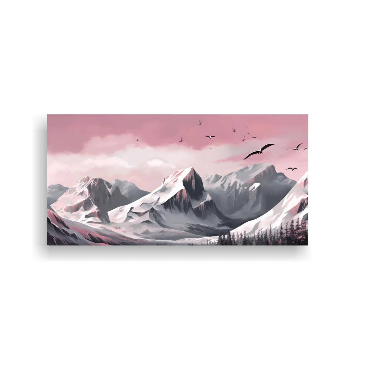 Cuadro cordillera nevada con aves y bosque