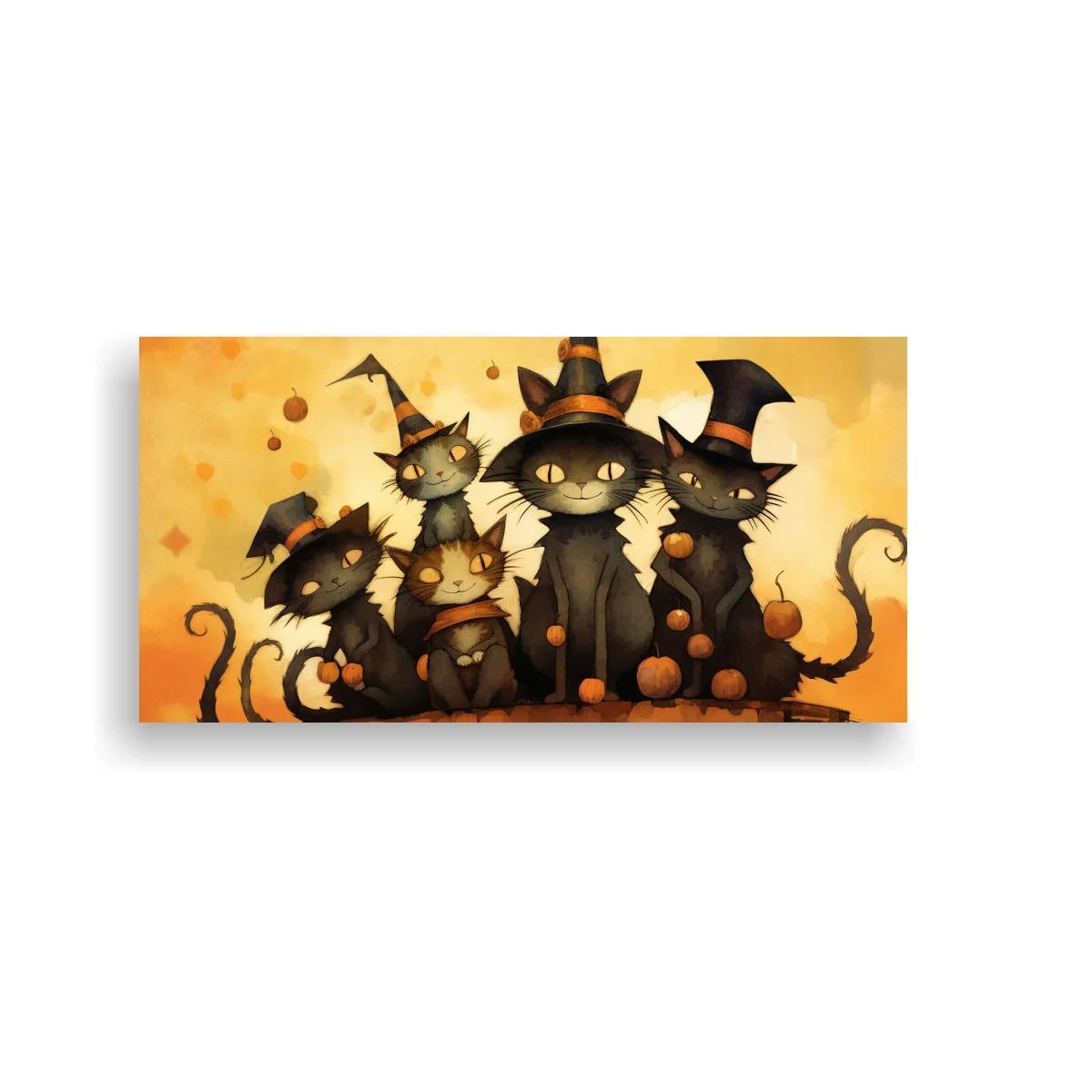 Cuadro gatos negros con sombreros de bruja y murciélago